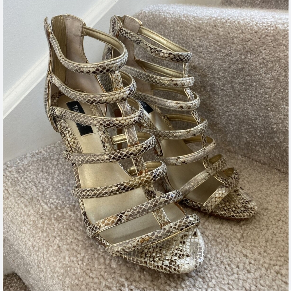 White House BLACK MARKET Gold Shimmer Snakeskin Caged Heels 6 M
